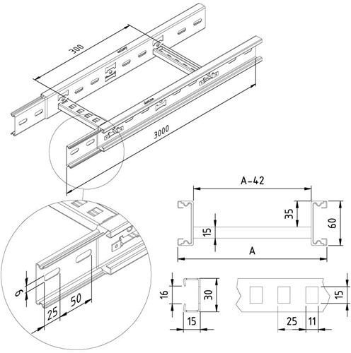 CLFI60-0200-10-3PG Ladderbaan ineenschuifbaar h=60mm, b=200mm, l=3000mm, sendzimir-2