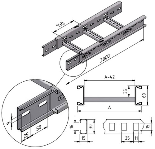 FR-CLFI60-0200-10-3PG Ladderbaan ineenschuifbaar brandbestendig h=60mm, b=200mm, l=3000mm, sendzimir-2